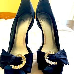 Stuart Weitzman, black satin evening high heel shoe with crystal embellishment